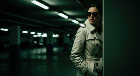 Mysterious woman in trench coat and sunglasses hiding behind pillar in dark parking lot, watching suspect suspiciously.の素材