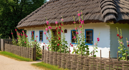 Old white village house with thatched roof and pink flowers behind woven fence on sunny day, showing rustic rural lifestyle.の素材