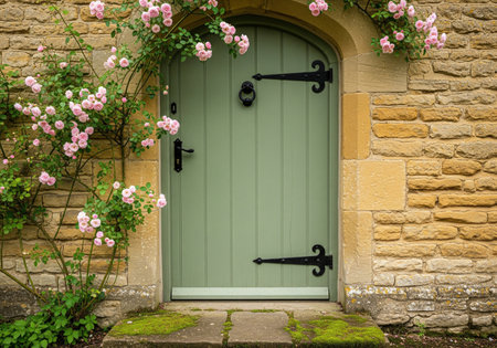 Old green wooden door with climbing pink roses on stone wall of traditional English cottage, beautiful rustic garden entrance.の素材