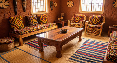 African style living room interior with wooden furniture and tribal masks on clay wall, cozy ethnic home design with decor.の素材