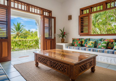Bright tropical living room interior with carved wooden table and open balcony door view, showing green palm trees outside window.の素材