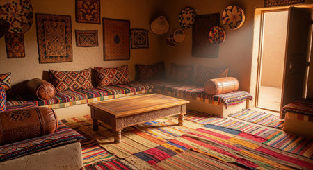 Traditional arabic sitting room with colorful geometric cushions and rugs in old mud house, showing heritage woven wall decor.の素材
