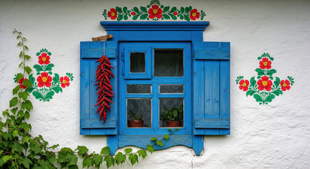 Old blue wooden window with hanging red peppers and floral painting on rustic white wall, featuring green vine leaves.の素材