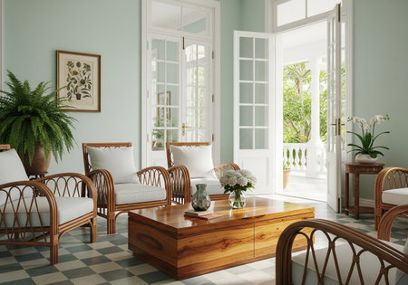 Mint green living room with rattan chairs and wooden table near open white doors to balcony, colonial home interior design.の素材