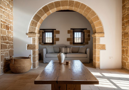 Rustic mediterranean living room interior with stone arch and wooden table near beige sofa, cozy traditional house design view.の素材