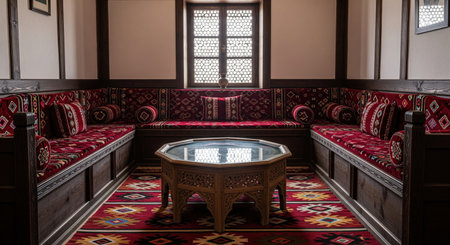 Traditional oriental room interior with red patterned sofas and wooden table near window, showing kilim rug design on floor.の素材