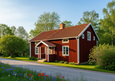 Traditional red wooden house with white trim in green summer garden near road with flowers, surrounded by trees under blue sky.の素材