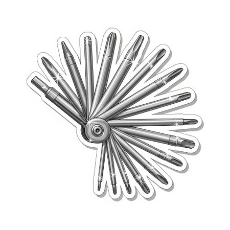 Shiny metal folding screwdriver set sticker with various bits fanned out on white background, handy repair kit tool illustration.の素材