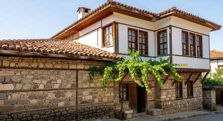 Traditional house facade with stone wall and white upper floor with wooden windows and vine, showing historic architecture.の素材