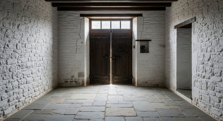 Old rustic room interior with white stone walls and heavy wooden door with light beam, shining on gray stone floor tiles.の素材