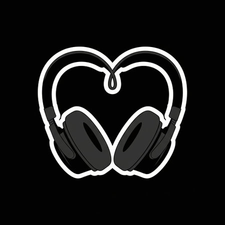 Black headphones forming heart shape sticker design isolated on black background for music lover, symbolizing passion for audio.の素材