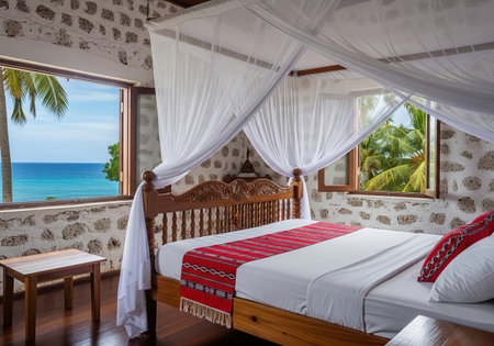 Tropical island bedroom with stone walls canopy bed and open window looking at blue ocean view, luxury resort hotel room design.の素材
