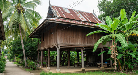 Traditional wooden stilt house with rusty metal roof and banana trees in rural village garden, peaceful tropical lifestyle view.の素材