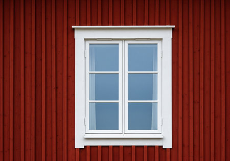White wooden window frame with glass on red vertical timber wall of rustic house facade, classic scandinavian cottage exterior.の素材