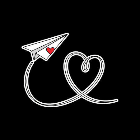 White paper airplane sticker with red heart on wing flying in heart shaped trail loop line, romantic travel love message concept.の素材