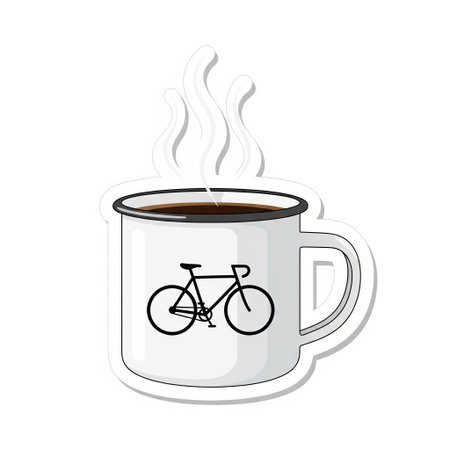 Sticker of white enamel camping mug with hot coffee steam and black bicycle print design, cute travel illustration with aroma.の素材