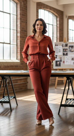Confident businesswoman in rust suit standing near desk in modern brick loft office workspace, female designer posing at job.の素材