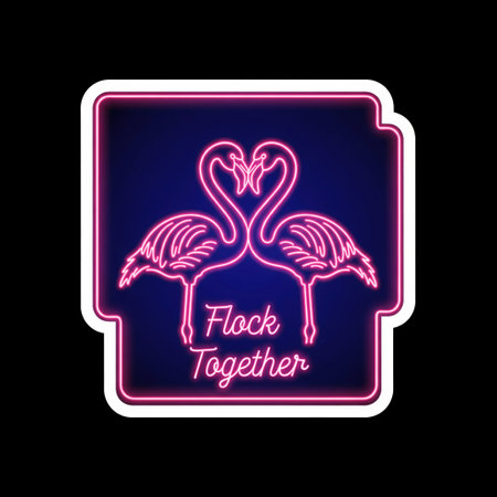 Neon sign sticker of two pink flamingos forming heart shape with flock together text, retro glowing light bar decor.の素材