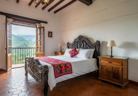Rustic bedroom interior with carved wooden bed and balcony view of green mountains nature, decorated with colorful ethnic textile.の素材