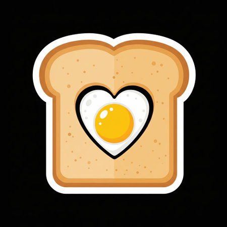 Toast slice sticker with heart shaped fried egg inside for breakfast on black background, cute food illustration for valentine.の素材