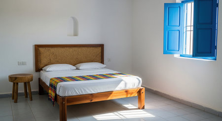 White bedroom interior with wooden bed and open blue window shutters on sunny summer day, decorated with colorful blanket.の素材