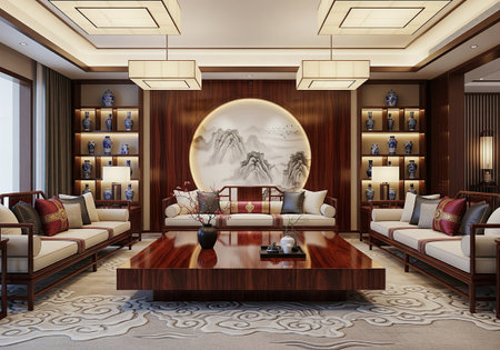 Luxury modern Chinese living room interior with wooden furniture and round wall painting, elegant Asian home design with vases.の素材