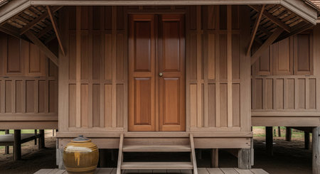 Traditional wooden southeast Asian house facade with door stairs and large clay jar, classic vintage architecture home design.の素材
