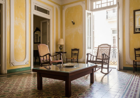 Old colonial living room with yellow peeling walls and rocking chairs near open balcony door, vintage havana home interior.の素材