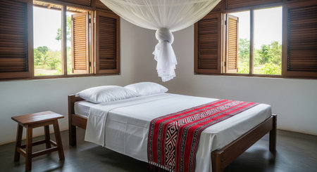 Tropical bedroom with wooden bed white mosquito net and red runner near open windows, simple interior design with green view.の素材
