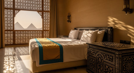 Luxury bedroom interior with arabesque furniture and view of pyramids through window, sunny ancient travel hotel design.の素材