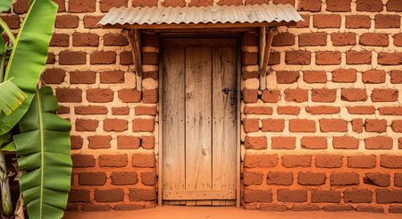 Rustic wooden door in red brick wall with corrugated metal roof and large green banana leaves, traditional house rural exterior.の素材