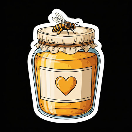 Glass jar full of yellow honey with heart label and bee on lid sticker isolated on black, sweet natural organic food art design.の素材