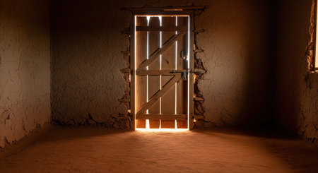 Closed old wooden door in dark clay mud room with bright sunlight beams shining through cracks, mysterious hope atmosphere.の素材