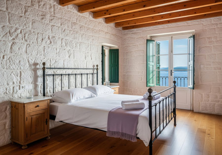 Mediterranean bedroom interior with stone walls and open balcony door overlooking blue sea, cozy summer hotel apartment design.の素材