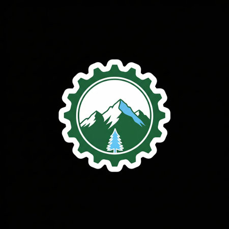 Green gear wheel sticker with mountain landscape and pine tree inside on black background, eco industry logo symbol design art.の素材