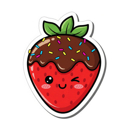 Cute cartoon strawberry dipped in chocolate with colorful sprinkles and winking face sticker, sweet dessert illustration art.の素材