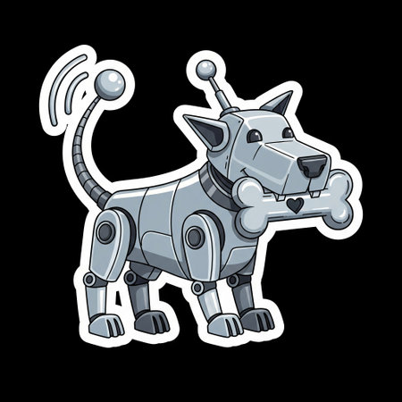 Cute cartoon robot dog sticker holding white bone in mouth with antenna and wagging tail, funny futuristic pet character design.の素材