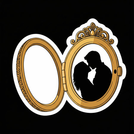 Open golden locket sticker with silhouette of loving couple kissing inside on black background, romantic vintage jewelry art.の素材