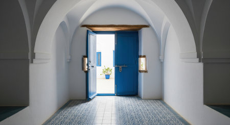 Open blue wooden door in white arched hallway leading to sunny courtyard with green plant, traditional mediterranean home design.の素材
