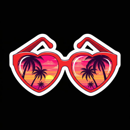 Red heart shaped sunglasses sticker with tropical palm tree sunset reflection on lenses, summer beach vacation accessory art.の素材