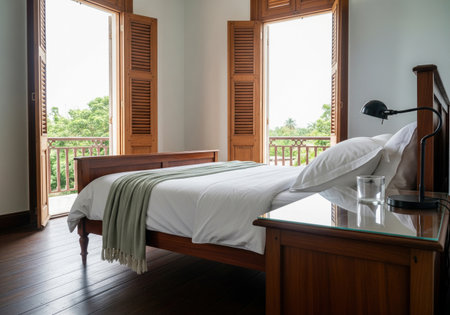 Classic bedroom interior with wooden furniture and open balcony doors to green nature view, featuring white bedding and lamp.の素材
