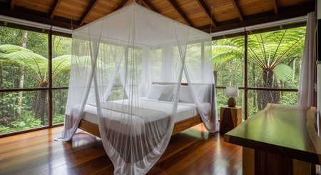 Tropical bedroom interior with mosquito net bed and wooden furniture near rainforest window, offering view of green fern trees.の素材
