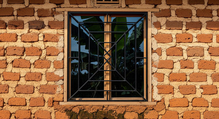 Square window with black metal grille in rough red clay brick wall of rural village house, green banana leaves reflection.の素材