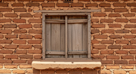 Closed wooden window shutters on old red brick wall texture of rustic rural house exterior, traditional building facade detail.の素材