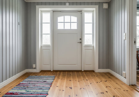 White front door in gray paneled hallway interior with pine wood floor and colorful rug, clean scandinavian country home design.の素材