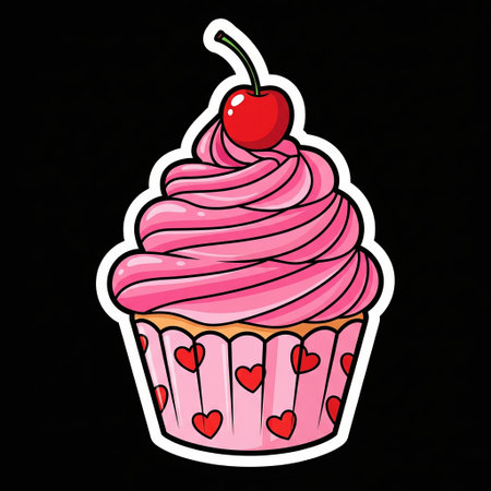 Cute cartoon cupcake sticker with pink frosting red cherry and heart pattern wrapper, isolated on black for sweet design art.の素材