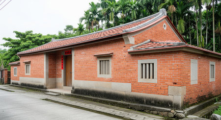 Red brick Chinese traditional house with curved tiled roof and palm trees in rural village, view of Asian architecture exterior.の素材