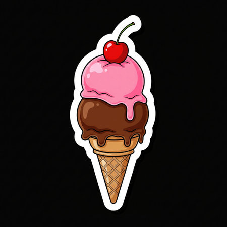 Sticker of ice cream cone with chocolate and pink strawberry scoops and red cherry on top, sweet summer dessert food art icon.の素材