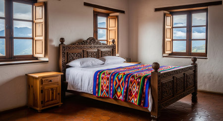 Rustic bedroom interior with carved wooden bed and colorful ethnic blanket near windows, white walls and terracotta tile floor.の素材