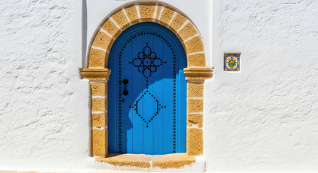 Old blue wooden door with black metal studs and stone arch on white textured wall facade, sunny mediterranean house entrance.の素材